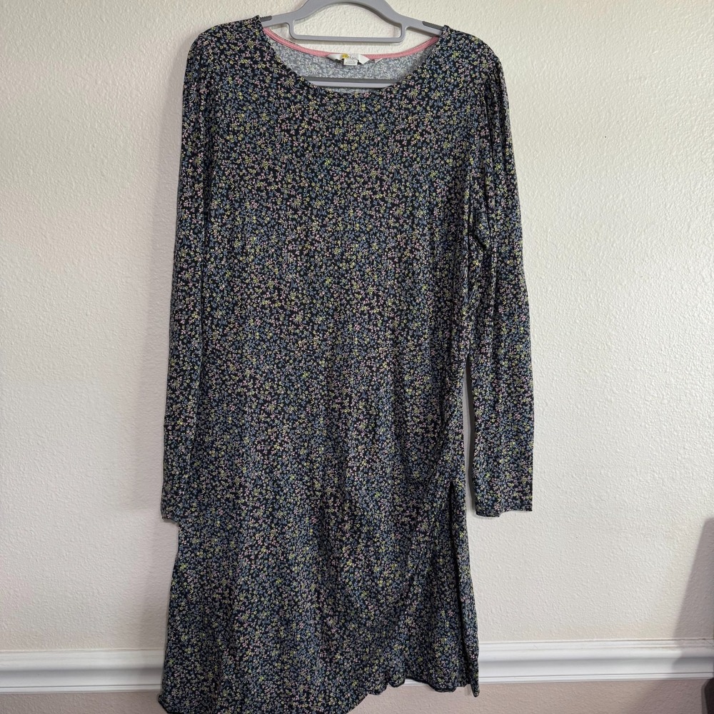 Boden Dress Women's 12 Black Floral Cotton Blend Ruched Round-Neck Long‎ Sleeve